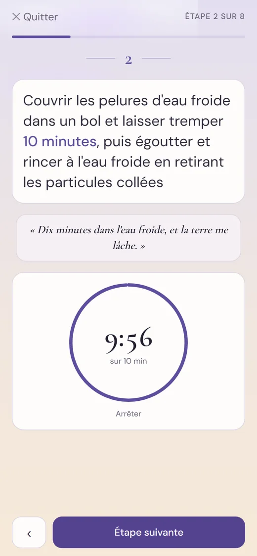 Une étape du mode guidé, avec son minuteur en anneau