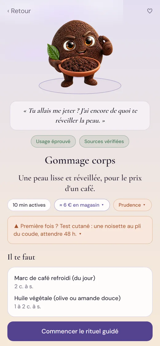 La fiche du gommage corps au marc de café dans l'app